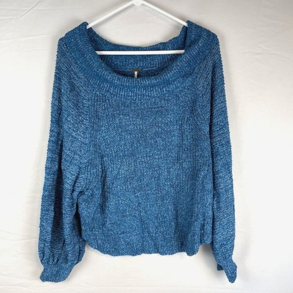 Free People Sweater Women's Size Medium‎ Edessa Blue Off The Shoulder Viscose - Picture 2 of 10